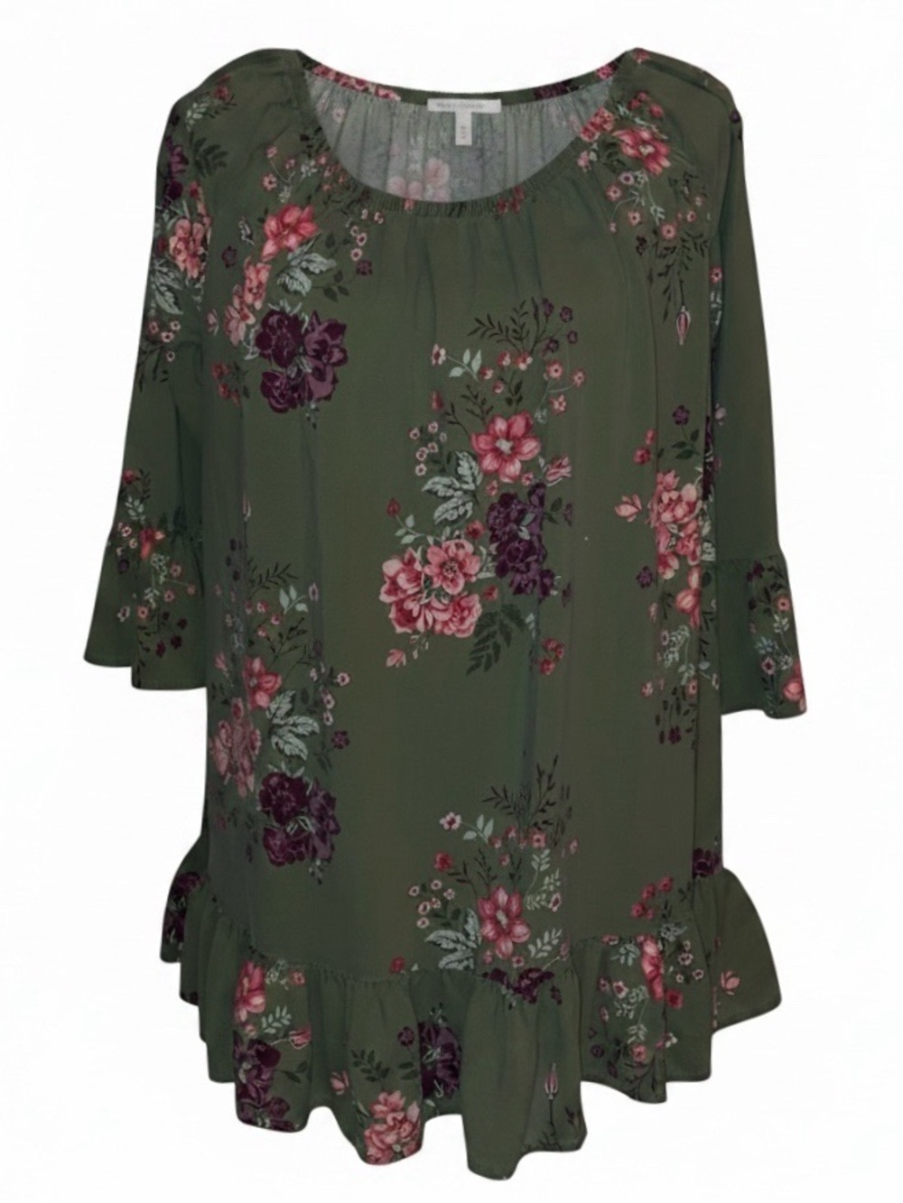TERRA & SKY Ruffle Hem Floral Peasant Blouse Olive Green Floral Pattern SZ 14W